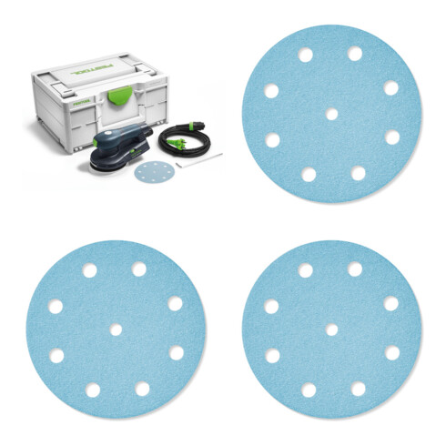 Set Festool Exzenterschleifer ETS EC 125/3 EQ-Plus + Schleifmittel Granat D125 P120 GR/50 + Schleifscheiben STF D125 P80 GR Granat + Schleifscheiben STF D125/8 P40 GR/50