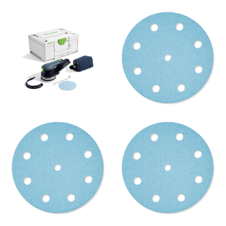 Set Festool Akku-Exzenterschleifer ETSC 2 125-Basic + Schleifmittel Granat D125 P120 GR/50 + Schleifscheiben STF D125 P80 GR Granat + Schleifscheiben STF D125/8 P40 GR/50