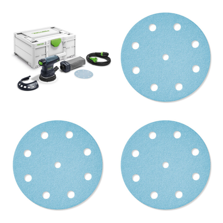 Set Festool Exzenterschleifer ETS 125 REQ-Plus + Schleifmittel Granat D125 P120 GR/50 + Schleifscheiben STF D125 P80 GR Granat + Schleifscheiben STF D125/8 P40 GR/50