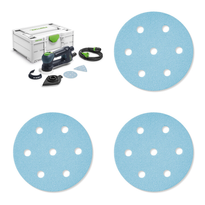 Set Festool Getriebe-Exzenterschleifer RO 90 DX FEQ-Plus ROTEX + Schleifscheiben STF D90/6 P120 GR/100 + Schleifscheiben STF D90/6 P80 GR/50 + Schleifscheiben STF D90/6 P40 GR/50