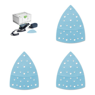Set Festool Akku-Deltaschleifer DTSC 200-Basic + Schleifmittel Granat Delta 200 P40 GR/50 + Schleifmittel Granat Delta 200 P80 GR/50 + Schleifmittel Granat Delta 200 P120 GR/50