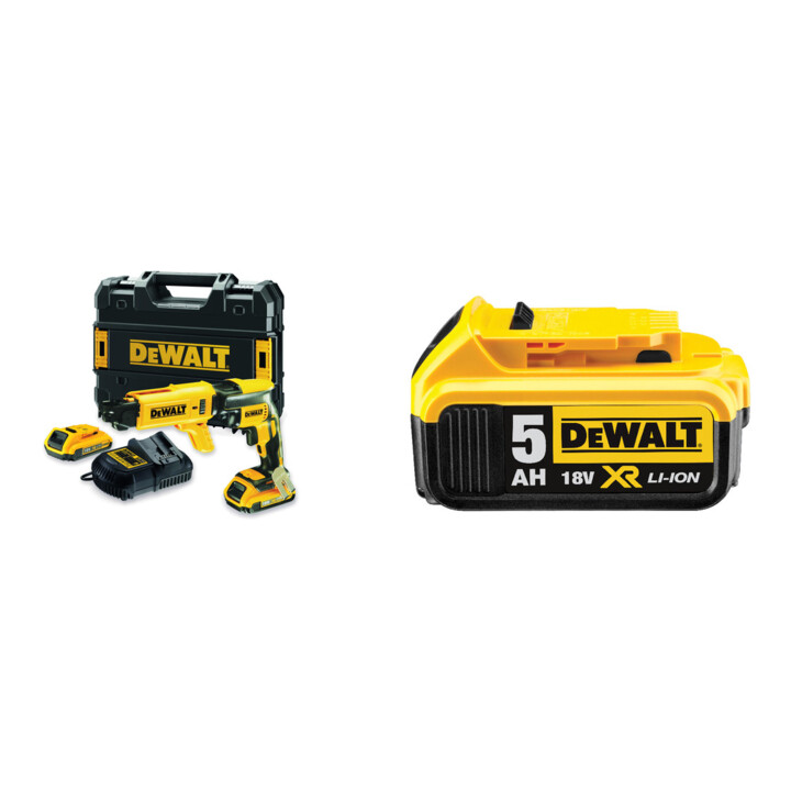 Set DeWalt 18 V/ 2 Ah Magazin-Schnellbauschrauber + DeWalt 18,0V / 5,0 Ah Ersatz-Akku