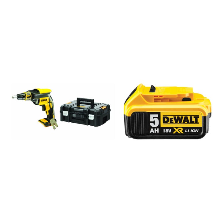 Set DeWalt Akku-Trockenbauschrauber 18,0 V 1/4 Zoll + DeWalt 18,0V / 5,0 Ah Ersatz-Akku