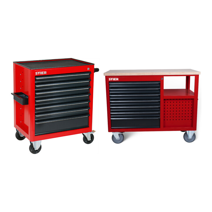 Set STIER Werkstattwagen + Werkbank 11 Schubladen leer