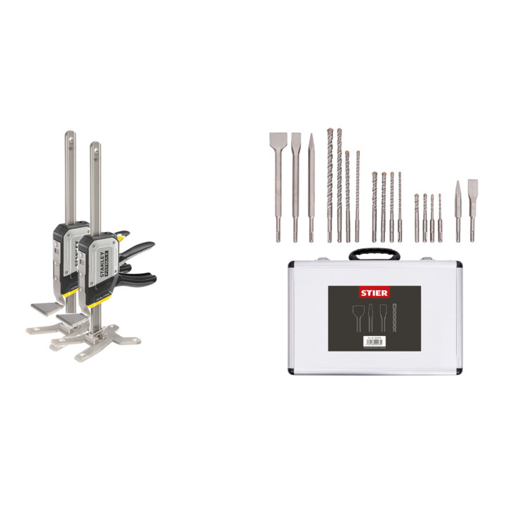 Set Stanley Einhand-Montagewerkzeug Tradelift Set + Stier SDS-Plus Bohrer & Meißelsatz, 17-teilig