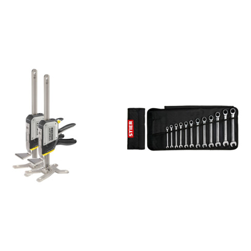 Set Stanley Einhand-Montagewerkzeug Tradelift Set + Stier Maul-Ringratschenschlüssel-Satz SW 8 - 19 mm 12-teilig