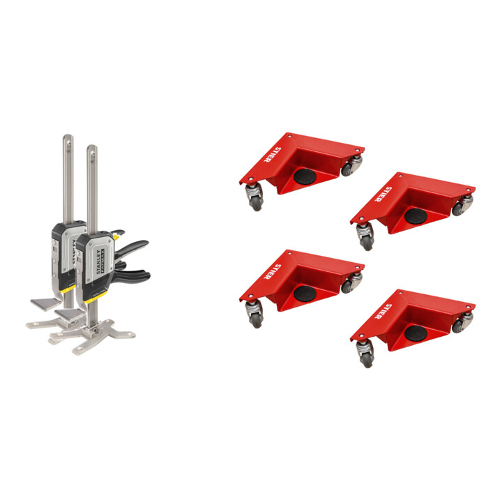 Set Stanley Einhand-Montagewerkzeug Tradelift Set + STIER Eckenroller-Set Tragkraft 150 kg mit Gummi-Rollen