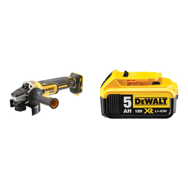 Set DeWalt Akku-Winkelschleifer 125 mm 18 V + DeWalt 18,0V / 5,0 Ah Ersatz-Akku