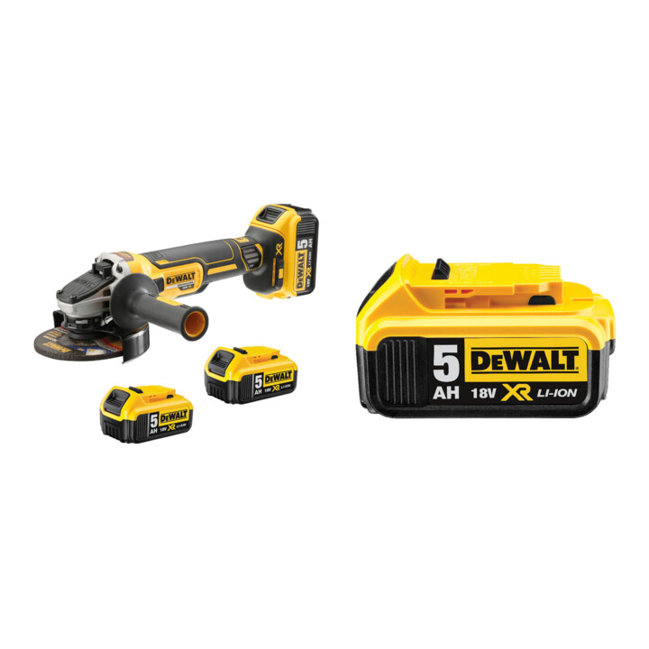 Set DeWalt Akku-Winkelschleifer + DeWalt 18,0V / 5,0 Ah Ersatz-Akku