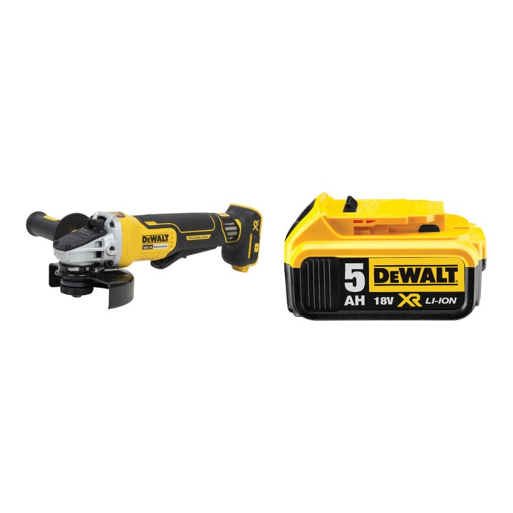 Set DeWalt Akku-Winkelschleifer 125mm (bürstenlos) + DeWalt 18,0V / 5,0 Ah Ersatz-Akku