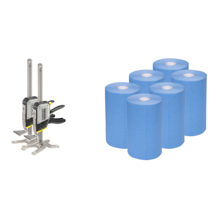 Set Stanley Einhand-Montagewerkzeug Tradelift Set + STIER Putzpapier-Rollen Basic 3-lagig L.30cm x B.23cm