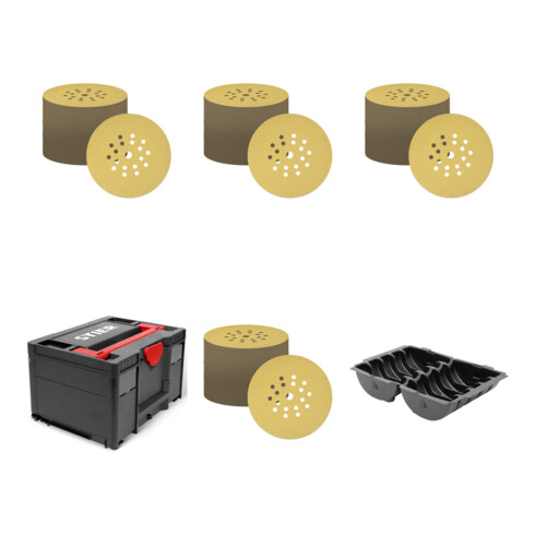 Set STIER Schleifscheiben Universal D225 / P60 / 25 Stk. / 18-Loch + Schleifscheiben Universal D225 / P80 / 25 Stk. / 18-Loch + Schleifscheiben Universal D225 / P100 / 25 Stk. / 18-Loch + Schleifscheiben Universal D225 / P120 / 25 Stk. / 18-Loch + Systain