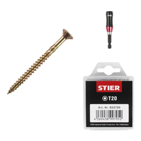 Set Stier Senkkopf-Spanplattenschraube 3,5x40 + Universalhalter KraftSpezial + TORX®-Bit-Großpackung T20