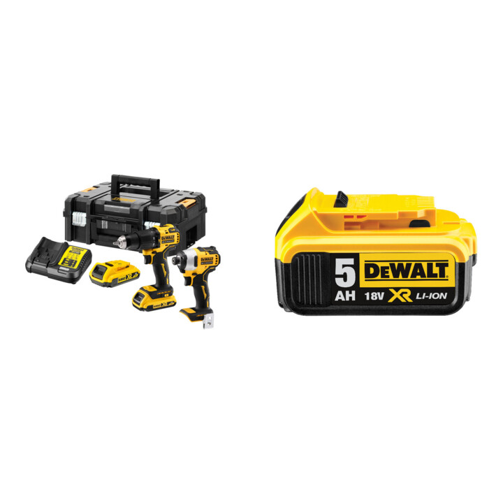 Set DeWalt Akku Kombopack 18 V / 2 Ah + DeWalt 18,0V / 5,0 Ah Ersatz-Akku