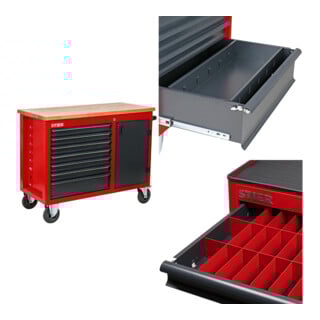 Set STIER Fahrbare Werkbank mit 7 Schubladen und 1 Tür + Schubladen-Einteilungsset + Schubladen-Einlagefach
