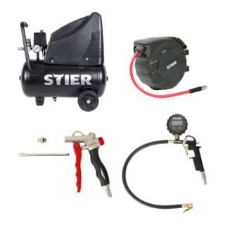 Set STIER Kompressor LKT 200-24-8 ölfrei + Ausblaspistole + Reifenfüll-Messgerät + Schlauchtrommel