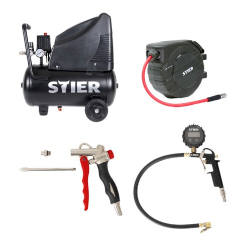 Set STIER Kompressor LKT 200-24-8 ölfrei + Ausblaspistole + Reifenfüll-Messgerät + Schlauchtrommel