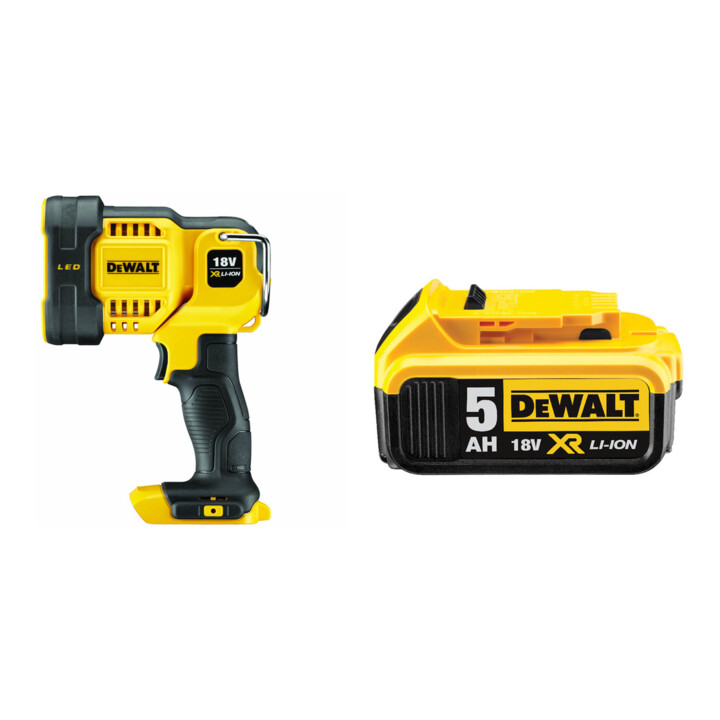 Set DeWalt 18,0 V LED-Strahler DCL043-XJ + DeWalt 18,0V / 5,0 Ah Ersatz-Akku