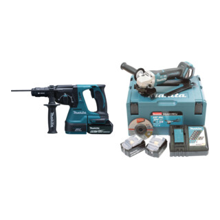 Set Makita Akku-Kombihammer DHR243RTJ 18 V / 5,0 Ah + Akku-Winkelschleifer DGA517RTJ, 18 V, 5,0 Ah
