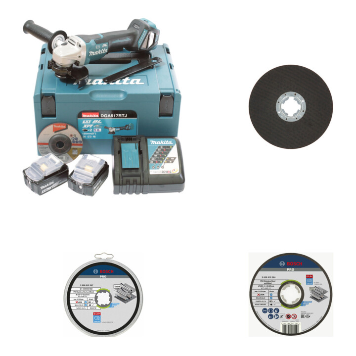 Set Makita Winkelschleifer DGA517RTJ 18V +Bosch 2 X-LOCK Trennscheiben