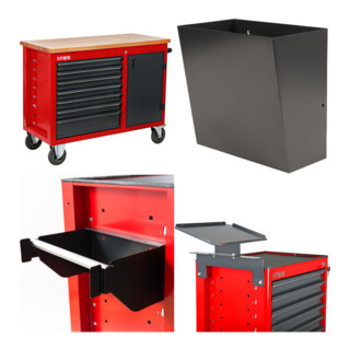 Set STIER Fahrbare Werkbank mit 7 Schubladen und 1 Tür + Papierkorb + Putztuchhalter + Laptop-Halter