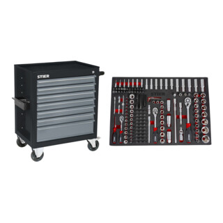 Set STIER Werkstattwagen leer BLACK-Edition + Steckschlüssel-Satz 1/4'' 3/8'' 1/2'' 179-teilig in Weichschaumeinlage (EVA)