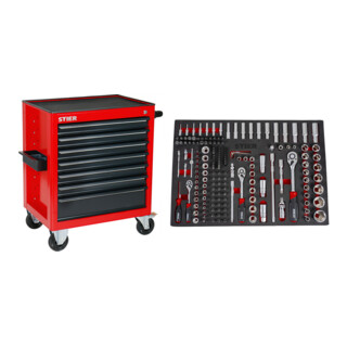 Set Stier Werkstattwagen leer + Steckschlüssel-Satz 1/4'' 3/8'' 1/2'' 179-teilig