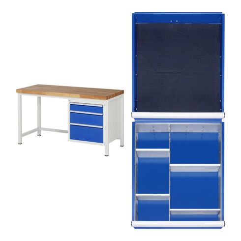 Set Rau GmbH Werkbank, BxTxH 1500x700x840 mm + Einteilungsset für Schubladen BxT 490x560 mm: 1 Trennwand, 4 Quertrennbleche + Einteilungsset für Schubladen BxT 490x560 mm: Antirutschmatte