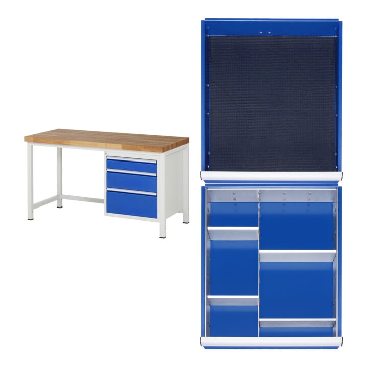 Set Rau GmbH Werkbank, BxTxH 1500x700x840 mm + Einteilungsset für Schubladen BxT 490x560 mm: 1 Trennwand, 4 Quertrennbleche + Einteilungsset für Schub