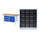 Werkbank, BxTxH 1500x700x840 mm, 3 Schubladen 180 mm, 1 Tür 540 mm, 1 Boden, Arbeitsplatte Buche  massiv 40 mm, Korpus RAL 7035, Front RAL 5010 + Einteilungsset für Schubladen BxT 490x560 mm: Kleinteileeinsatz mit 16 Fächern, für Fronthöhe 120-27  0 mm-1