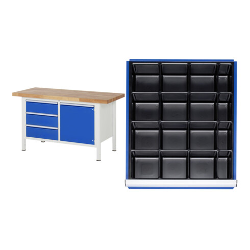 Set Rau GmbH Werkbank, BxTxH 1500x700x840 mm + Einteilungsset für Schubladen BxT 490x560 mm