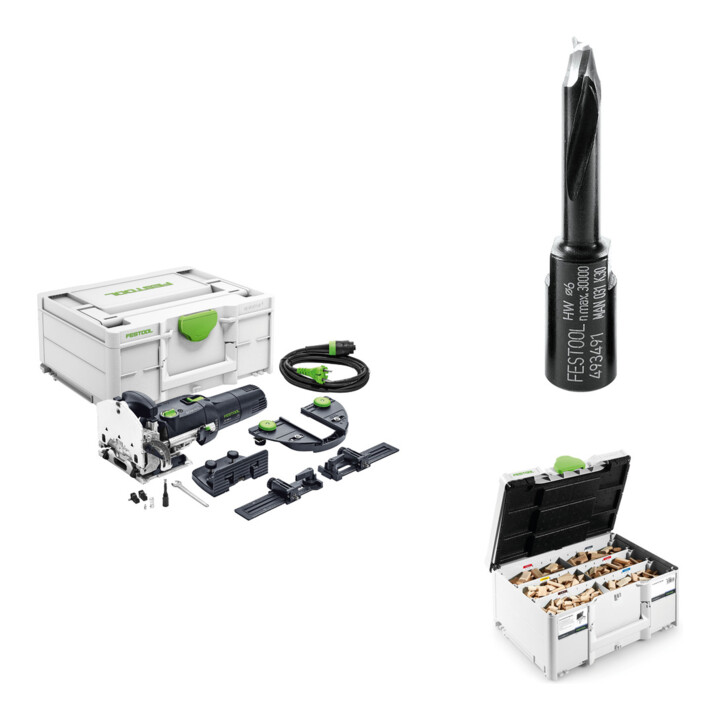 Set Festool Dübelfräse DF500 Q-Set DOMINO + Fräser D6 + DOMINO Dübel Buche Sort.