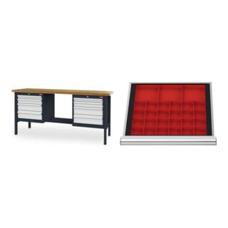 Set STIER Werkbank mit 8 Schubladen BxTxH 2000x600x960 mm RAL 7016 / RAL 7035...