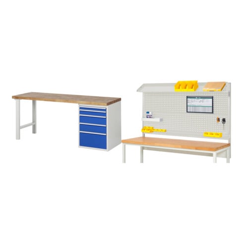 Set Rau Baukastenwerkbank, Arbeitsplatte Buche massiv 40 mm + System-Aufbau Komplettset 02