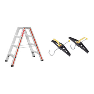 Set Hymer Leichtmetallbau Stufenstehleiter, beidseitig begehbar + Leiterhalterset für Dachträger