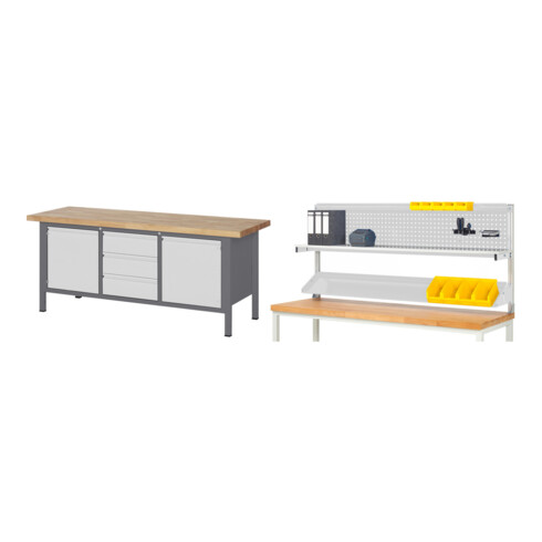 Set STIER Höhenverstellbare Werkbank Premium mit 3 Schubladen und 2 Flügeltüren + Werkbankaufbau BxH 2000x900mm