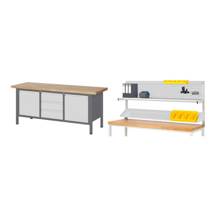 STIER Höhenverstellbare Werkbank Premium mit 3 Schubladen und 2 Flügeltüren BxTxH 2000x700x840-1040mm + STIER Werkbankaufbau BxH 2000x900mm