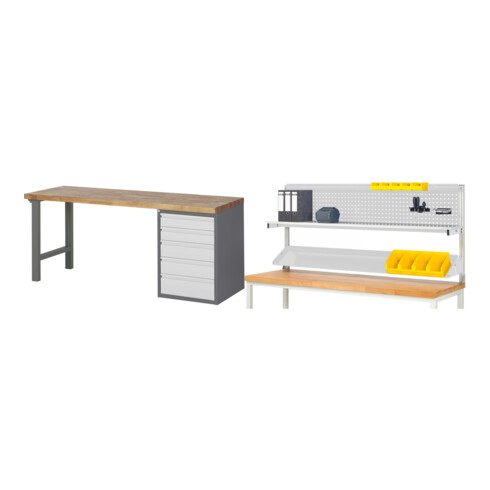 Set STIER Werkbank Premium mit 5 Schubladen BxTxH 2000x700x890mm + Werkbankaufbau BxH 2000x900mm