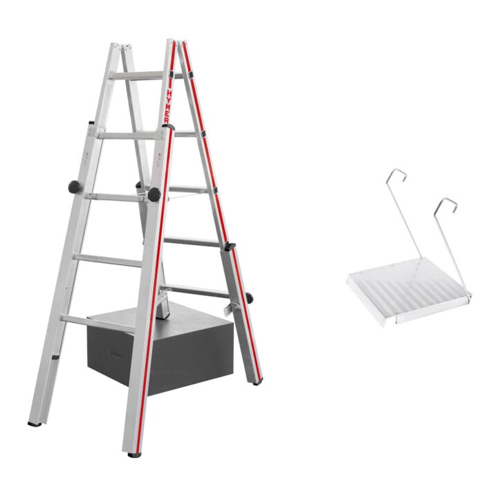 Set Hymer Treppenstehleiter, 2x5 Sprossen + Einhängetritt für Sprossenleitern