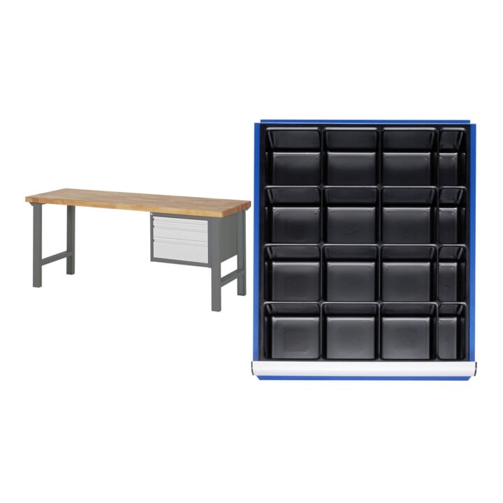 Set STIER Werkbank Premium mit 3 Schubladen BxTxH 2000x700x840mm + Rau GmbH Einteilungsset für Schubladen BxT 490x560 mm