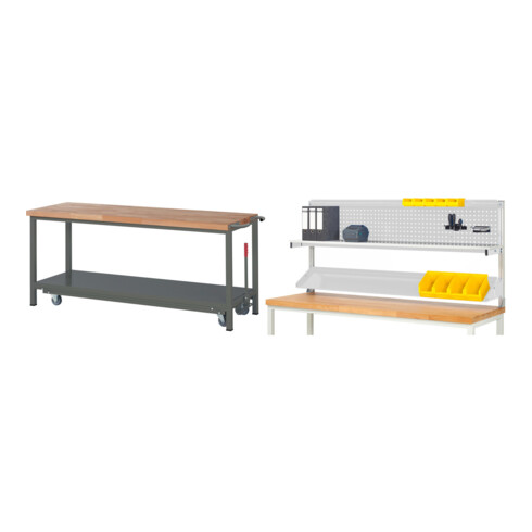 Set STIER Werkbank Premium mit abs. Fahrgestell BxTxH 2000x700x880 mm + Werkbankaufbau BxH 2000x900mm
