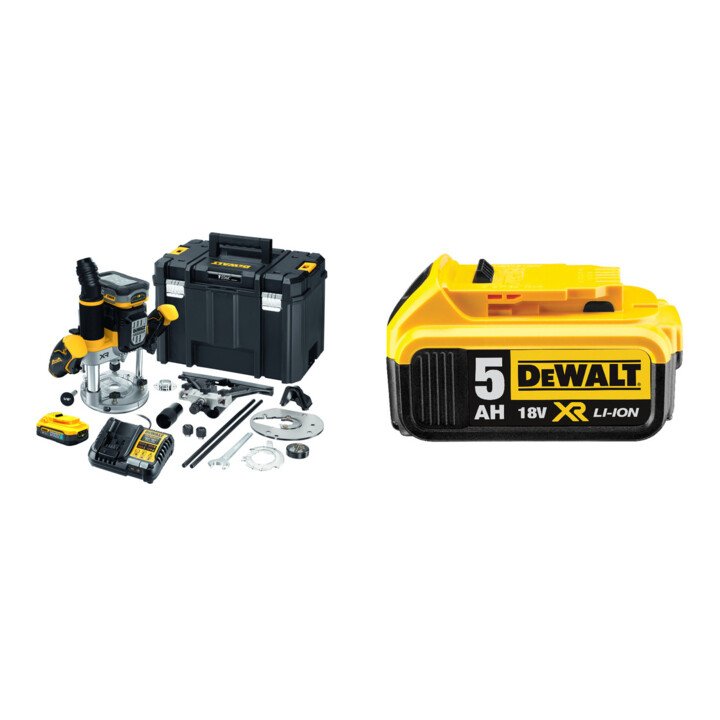 Set Dewalt Akku-Oberfräse, 18 V / 5 Ah + Ersatz-Akku DCB184-XJ