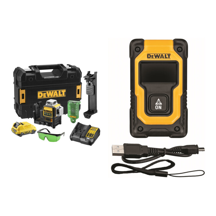DEWALT Multilinienlaser 3x360° grün 10,8V/2AH + gratis Entfernungsmesser 16m