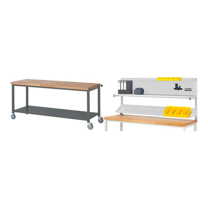 Set STIER Fahrbare Werkbank Premium mit Ablageboden BxTxH 2000x700x880 mm + Werkbankaufbau BxH 2000x900mm