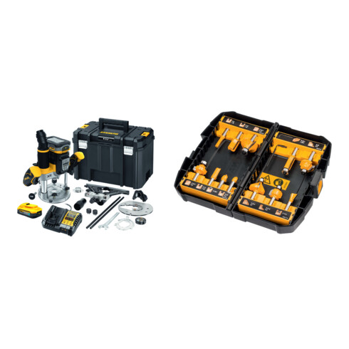 DEWALT Akku-Oberfräse, 18 V / 5 Ah + gratis Fräser-Set 12-tlg. DT90016-QZ