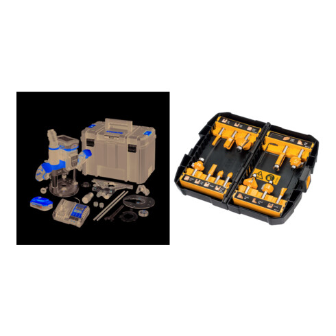 DEWALT Akku-Oberfräse, 18 V / 5 Ah + gratis Fräser-Set 12-tlg. DT90016-QZ