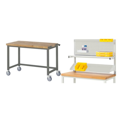 Set STIER Fahrbare Werkbank Premium BxTxH 1250x700x880mm + Werkbankaufbau BxH 1250x900mm