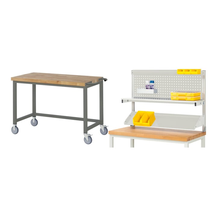 Set STIER Fahrbare Werkbank Premium BxTxH 1250x700x880mm + Werkbankaufbau BxH 1250x900mm