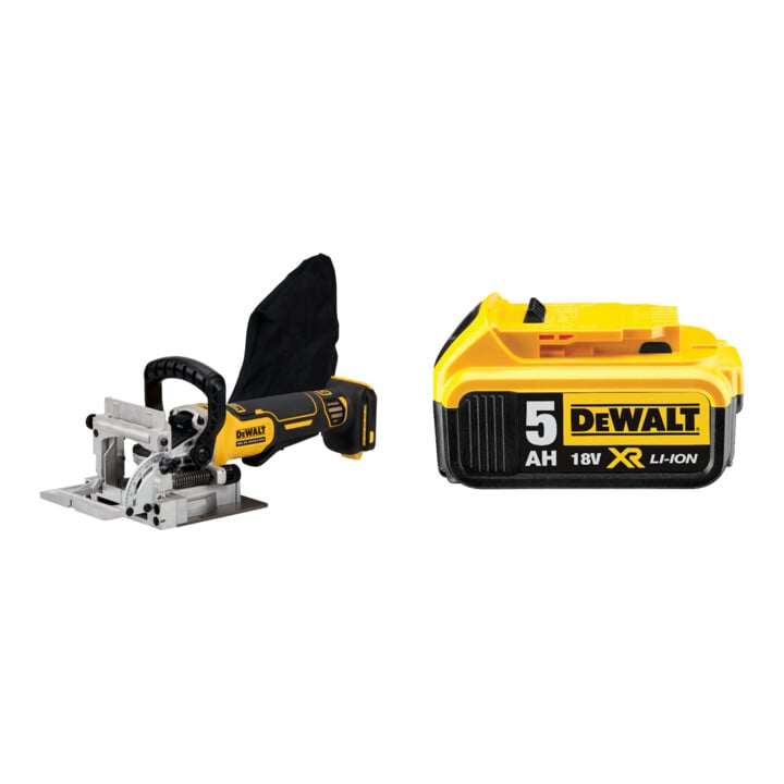 Set DeWalt 18 Volt Akku-Lamellendübel fräse - Basisversion DCW682NT-XJ + Ersatz-Akku DCB184-XJ