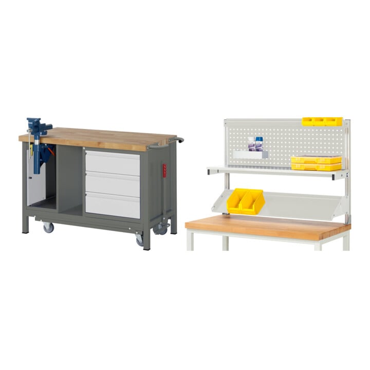 Set STIER Werkbank Premium mit abs. Fahrgestell, 3 Schubladen und Schraubstock BxTxH 1250x700x880mm + Werkbankaufbau BxH 1250x900mm